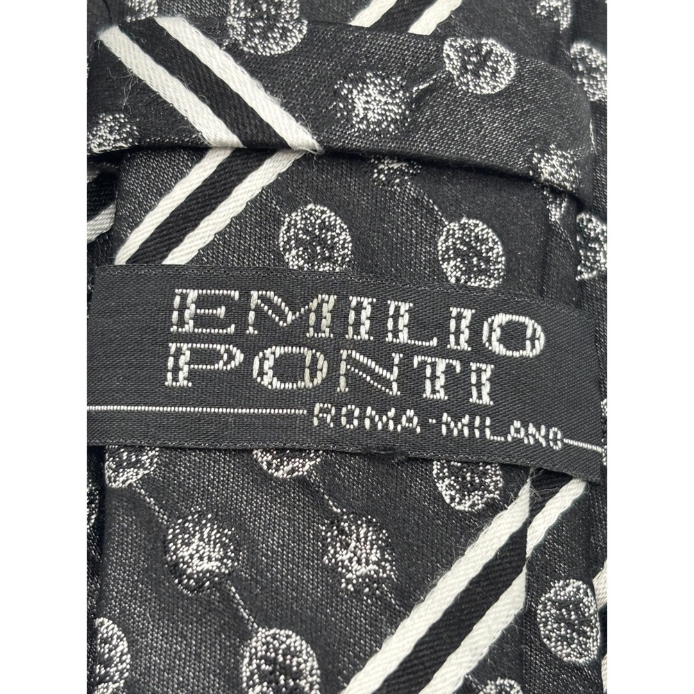 Emilio Ponti 100% Silk Classic Necktie Black Gray Striped Geometric Dot Pattern - Picture 4 of 5